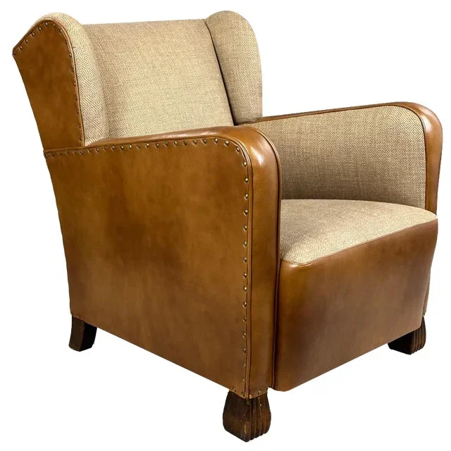 Antique Leather and Fabric Armchair with Ears, 1920s