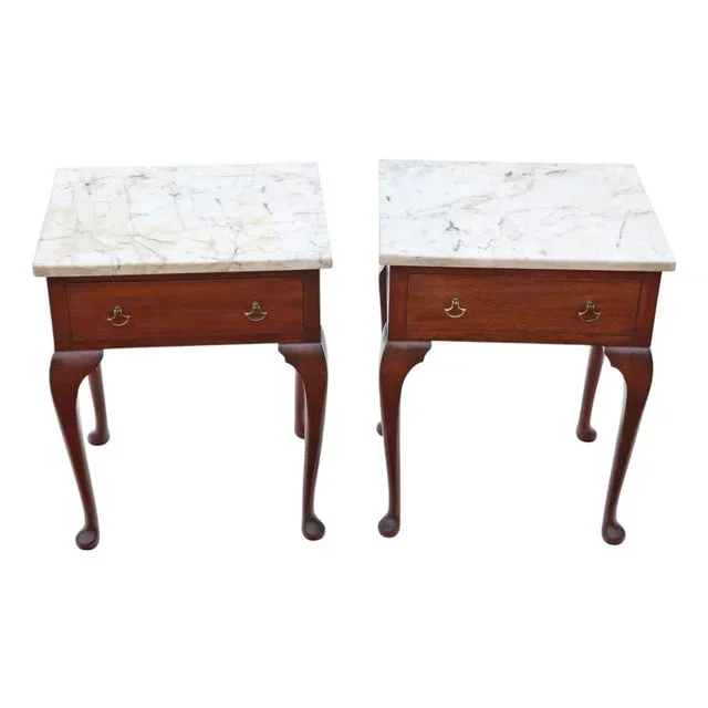Antique Low Mahogany Bedside Tables with Marble Tops, 1890s, Set of 2