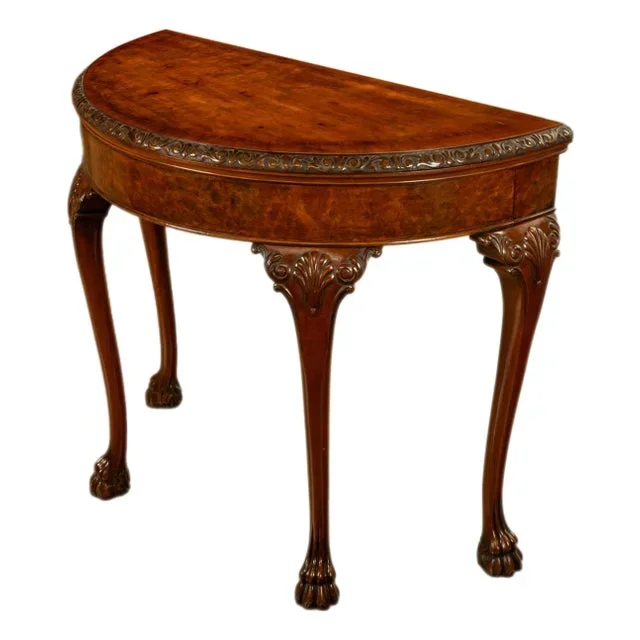 Antique Mahogany Carved Chippendale Demi-Lune Queen Anne Game Console Table 1900