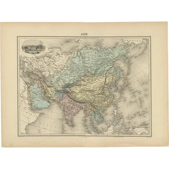 Antique Map of Asia with Vignette of Benares Varanasi and Ganges River, 1892