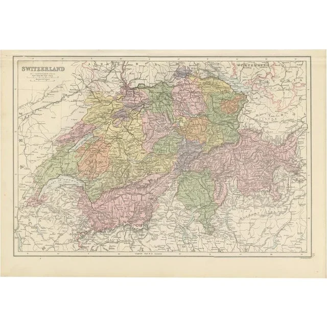 Antique Map of Switzerland Canton Divisions, 1884