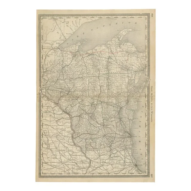 Antique Map of Wisconsin The Badger State with Railroads and Counties, 1888