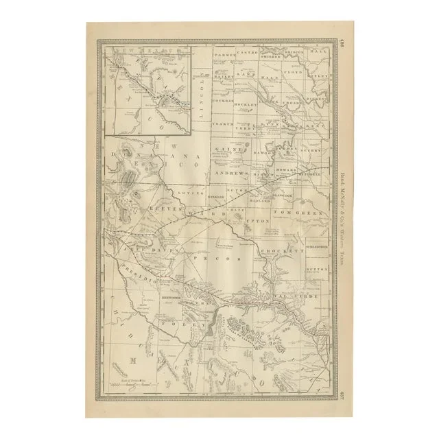 Antique Map Western Texas Railroads, Counties & Frontier Towns, 1888