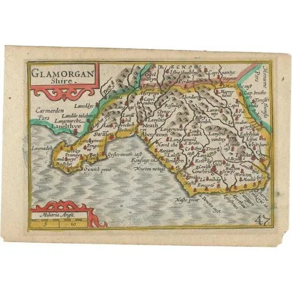 Antique Miniature Map of Glamorganshire in Wales, 1646
