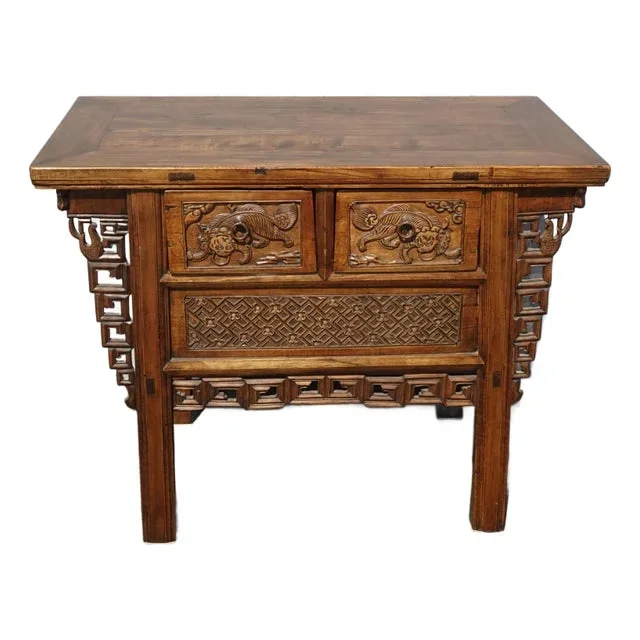 Antique Oriental Asian Hand Carved Console Table Brown Carved Chest Alter Table