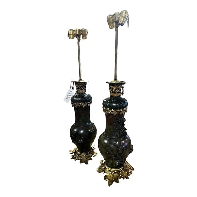 Antique Pair Japanese Patinated Bronze Vases Mounted as Lamps