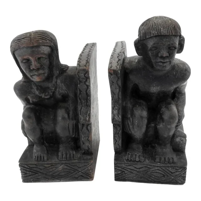 Antique Paiwan Aboriginal Man and Woman Hand-Carved Bookends – a Pair
