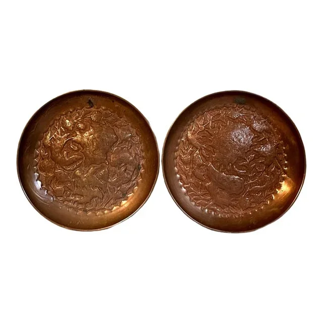 Antique Persian Repousse Copper Wall Plates With Birds & Foliate Design – A Pair