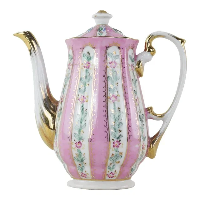 Antique Pink Porcelain Teapot With Gold Accents and Floral Pattern