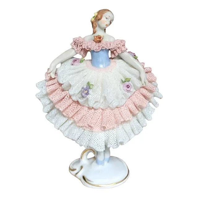 Antique Porcelain Ballerina Figurine in Lace Dress with Floral Details, 1990