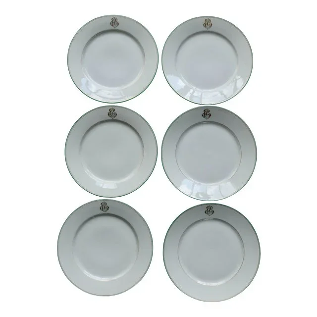 Antique Porcelain Dessert Plates with CB Monograms and Green and Gilt Borders from Limoges, 1960s, Set of 6