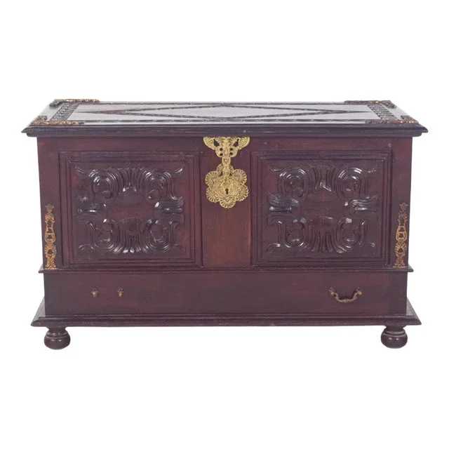 antique Portuguese Carved Wooden Chest, 1890s