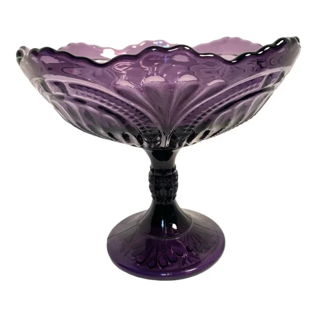 Antique Pressed Glass Pedestal Compote Bowl Scalloped Rim