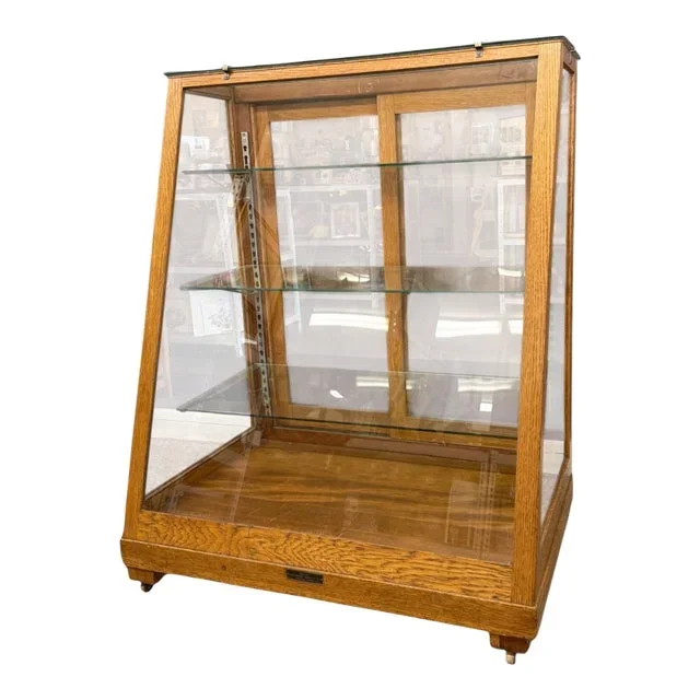 Antique Retail Oak Display Cabinet From Wells Butchers’ Supply Co. Seattle, Slanted Glass Showcase
