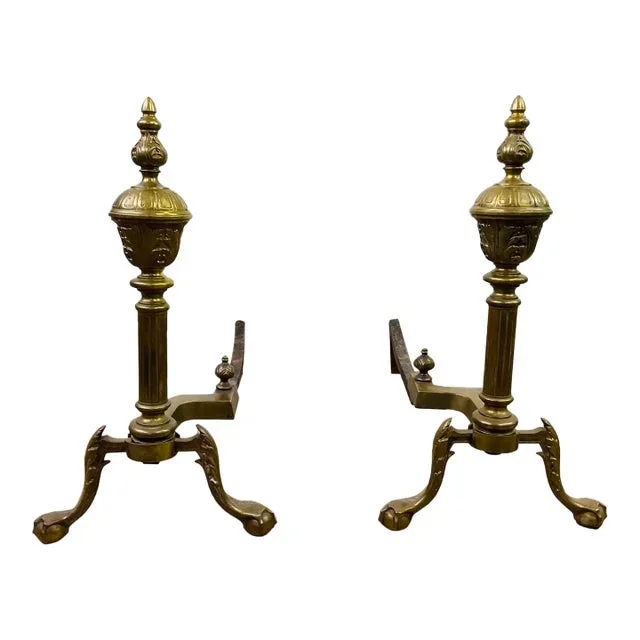 Antique Ribbed Bronze Fireplace Andirons—A Pair