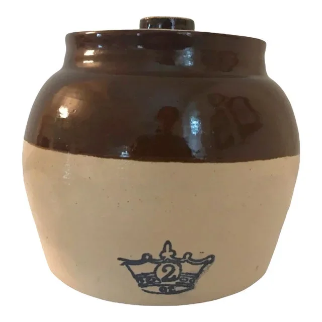Antique Robinson Ransbottom Bean Pot Crock Jug Brown #2 Lid Clay Pottery Rustic