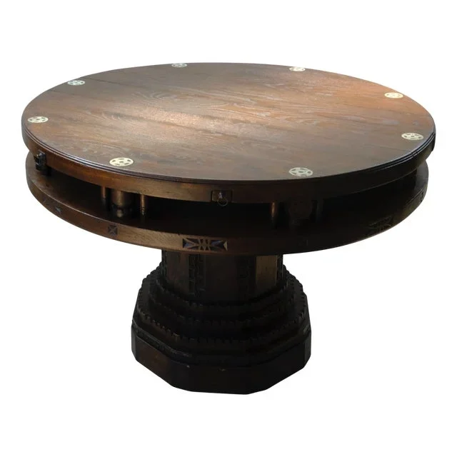 Antique Round Carved Wood Game Table, 1900s
