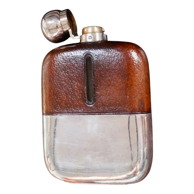 Antique Silver Plated Leather Bound Hip Flask by James Dixon & Sons, 1920s