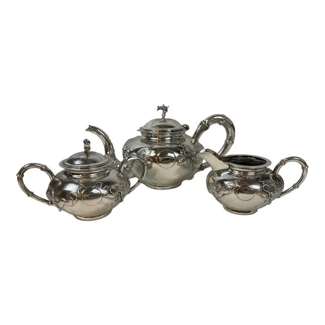 Antique Sincere Chinese Dragon Hammered Sterling Silver Tea Set- 3 Pieces