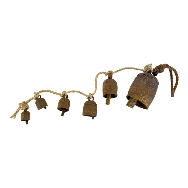 Antique Six Primitive Cow Bells With Wood Clappers on a Rope