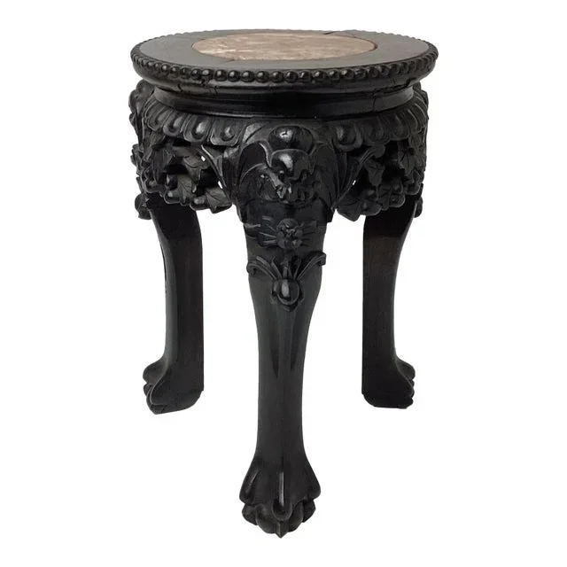 Antique Small Chinese Carved Hardwood and Marble Tabouret Stand