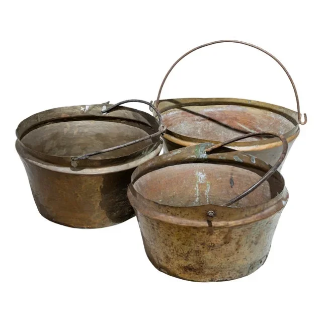 Antique Spanish Copper Cauldrons with Handles, Set of 3
