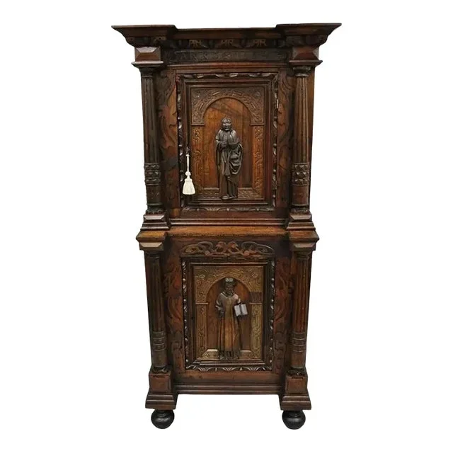 Antique Spanish Renaissance Figural Carved Oak Wood Religious Cupboard Cabinet
