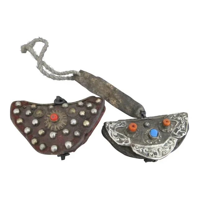 Antique Tibetan Metal Turquoise & Coral Adorned Leather Flint Pouch Pair