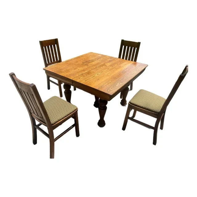 Antique Tiger Oak Table With 4 Mission Chairs – Set of 5