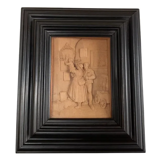 Antique Tyrolean Wood Carved Relief with Family Scene by Hugues Steiner for Franz Unterberger, 1890s