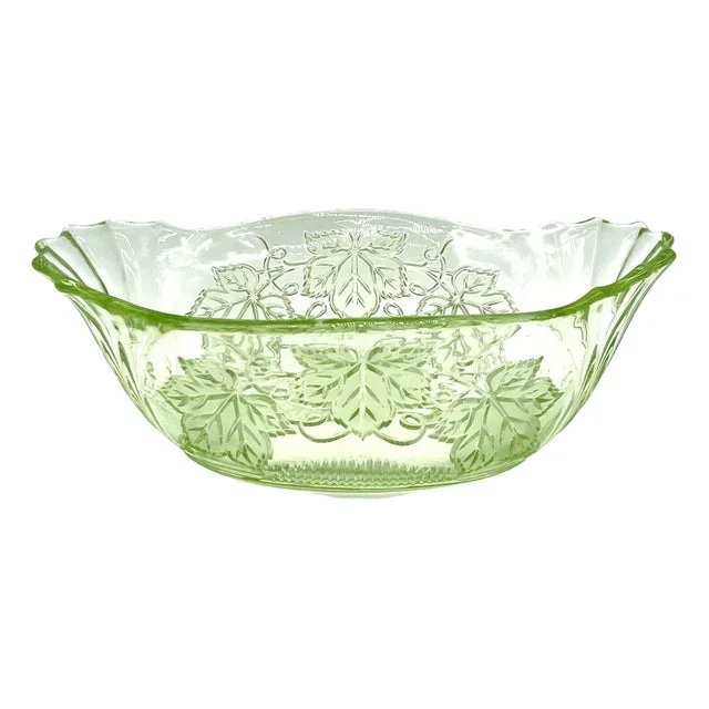 Antique Uranium Glass Bowl with Vine Leaf Motif, 1890s