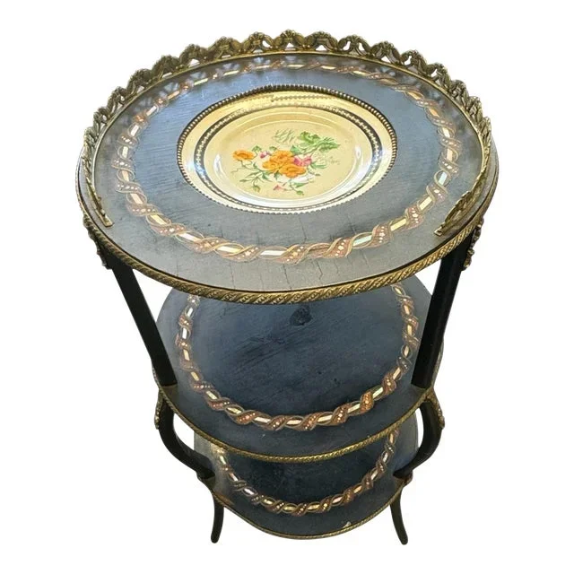 Antique Victorian Bronze Mounted Inlay Stand With Floral Porcelain Center Plaque