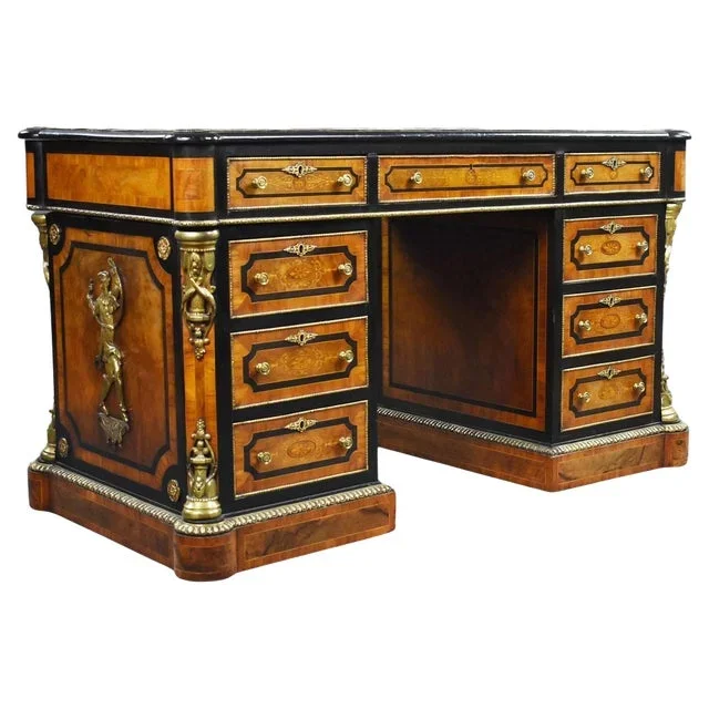 Antique Victorian Burr Walnut Pedestal Desk, 1860