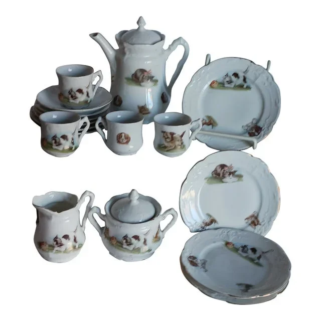 Antique Victorian Tea Set Children’s Kittens and Puppy- 7 Pieces C.1880 Complete