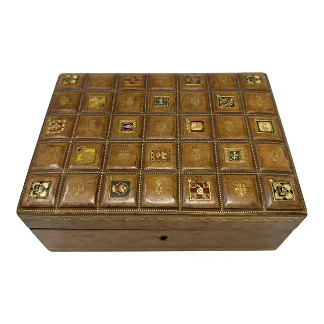 Antique Vintage Italian Lady’s Gentleman’s Faux Leather Gilt Jewelry Casket Box