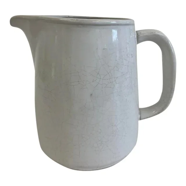 Antique White Ironstone Pitcher With Crazing – Early 20th Century Farmhouse Pottery