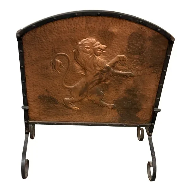 Antique Wrought Iron + Copper Lion Embossed Fireplace Screen