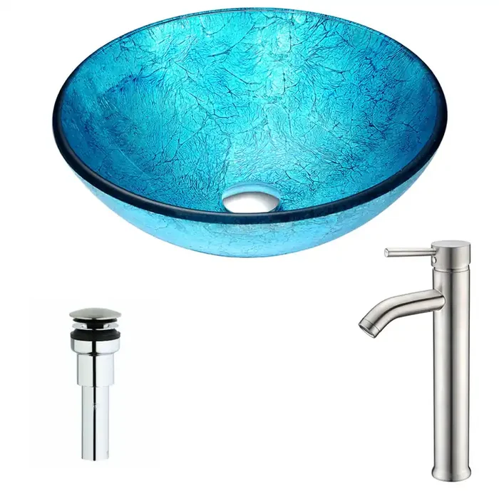 ANZZI Accent Series Deco-glass Vessel Sink In Blue Ice With Fann Faucet In Brushed Nickel – LSAZ047-040