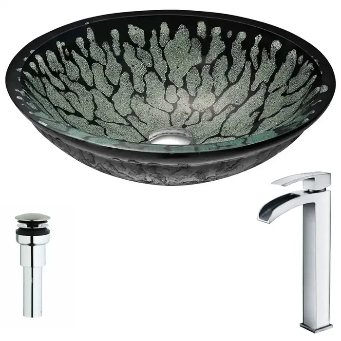 ANZZI Bravo Series Deco-glass Vessel Sink In Lustrous Black With Key Faucet In Polished Chrome – LSAZ043-097