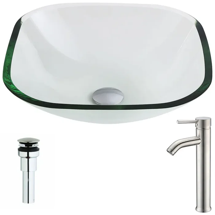 ANZZI Cadenza Series Deco-glass Vessel Sink In Lustrous Clear With Fann Faucet In Brushed Nickel – LSAZ074-040