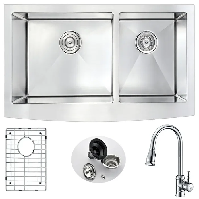 ANZZI Elysian Farmhouse 36 In. Double Bowl Kitchen Sink With Sails Faucet In Polished Chrome – K36203A-044