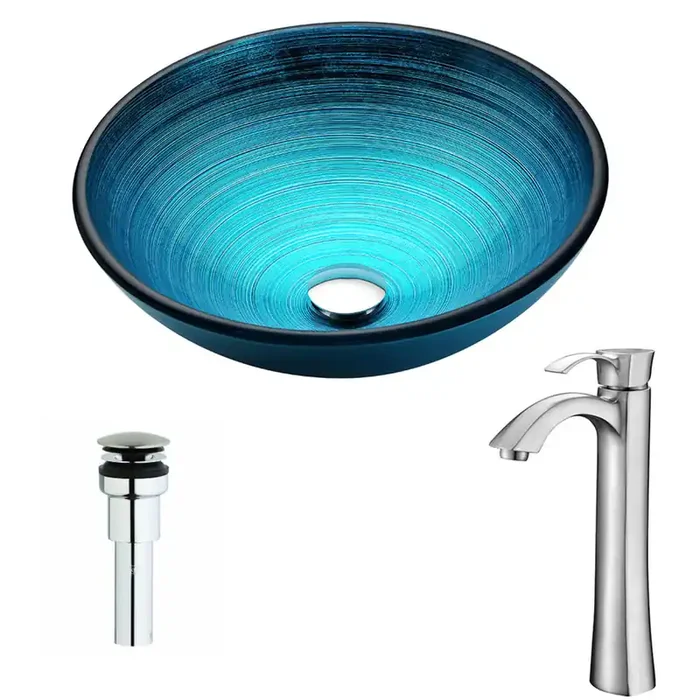 ANZZI Enti Series Deco-glass Vessel Sink In Lustrous Blue With Harmony Faucet In Brushed Nickel – LSAZ045-095B