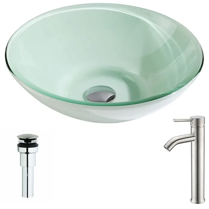 ANZZI Sonata Series Deco-glass Vessel Sink In Lustrous Light Green With Fann Faucet In Brushed Nickel – LSAZ083-040