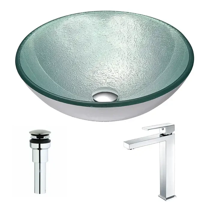 ANZZI Spirito Series Deco-glass Vessel Sink In Churning Silver With Enti Faucet In Chrome – LSAZ055-096