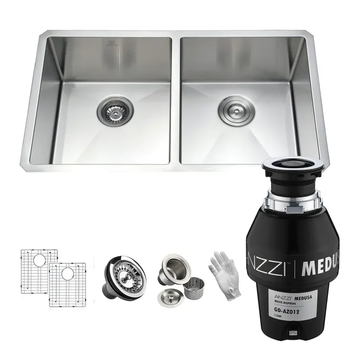 ANZZI Vanguard Undermount 32 In. 50/50 Double Bowl Kitchen Sink With Medusa 1/2hp Garbage Disposal – KAZ32192A-GD12
