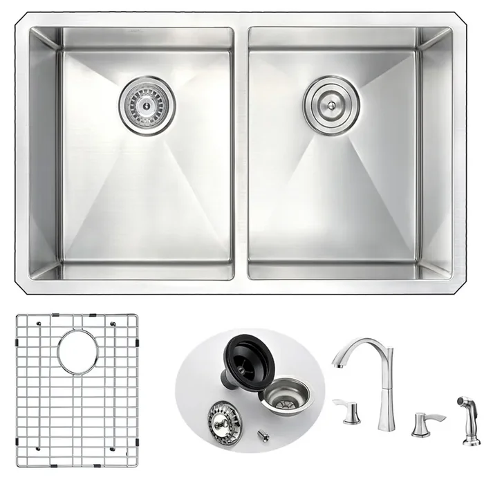 ANZZI Vanguard Undermount 32 In. Double Bowl Kitchen Sink With Soave Faucet In Brushed Nickel – K32192A-032B