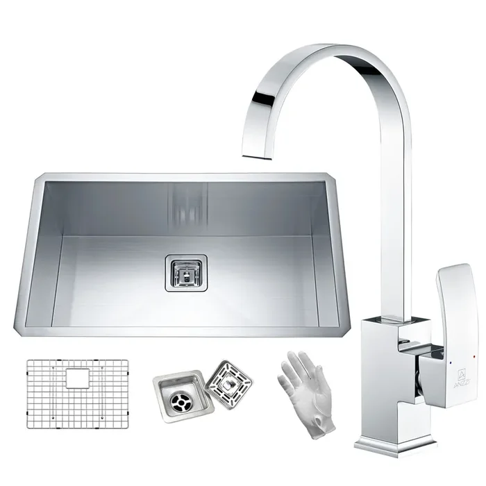 ANZZI Vanguard Undermount 32 In. Single Bowl Kitchen Sink With Faucet In Polished Chrome – KAZ32191AS-035