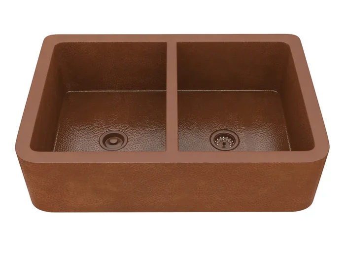 ANZZI Vilaasita Farmhouse Handmade Copper 33 In. 50/50 Double Bowl Kitchen Sink With Grape Vine Design In Hammered Antique Copper – K-AZ248