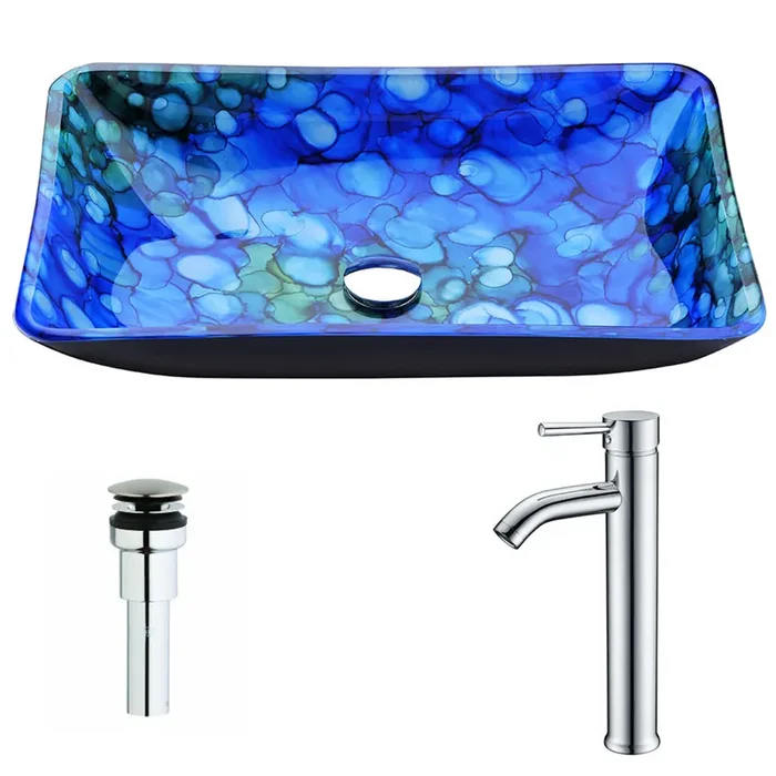 ANZZI Voce Series Deco-glass Vessel Sink In Lustrous Blue With Fann Faucet In Chrome – LSAZ040-041