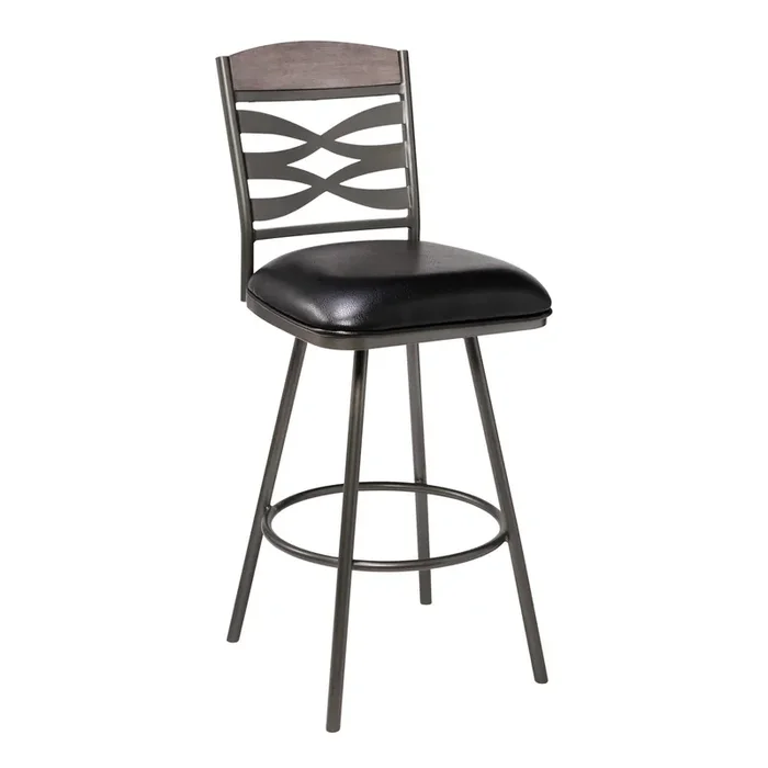 Arden Mid-century 26″ Counter Height Barstool In Mineral Finish With Black Faux Leather And Grey Walnut Wood Finish Back